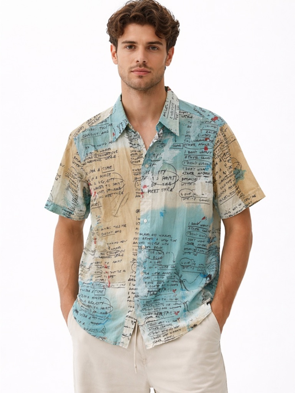Moschino Blue and Tan Casual Button Down Shirt with Map Print